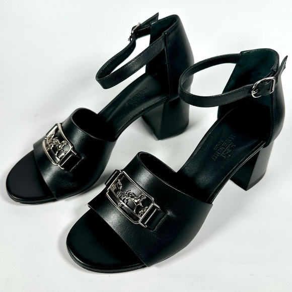 HERMES Viaggio 60 Calfskin Leather Ankle Strap Sandals 35 Black - Picture 3 of 15